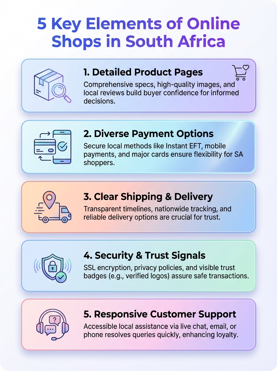 Infographic outlining 5 key elements of Online Shops in South Africa.
