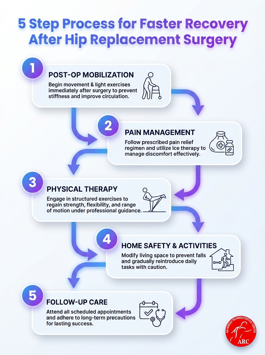 5-step process infographic for faster recovery after hip replacement surgery, with tips for rehab, activity, and self-care.