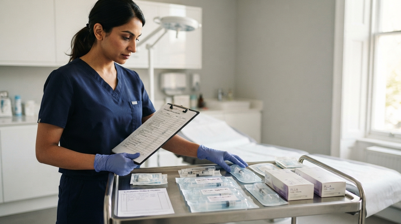 A gloved clinician reviews sealed injectable supplies and a checklist on a stainless-steel counter in a bright treatment