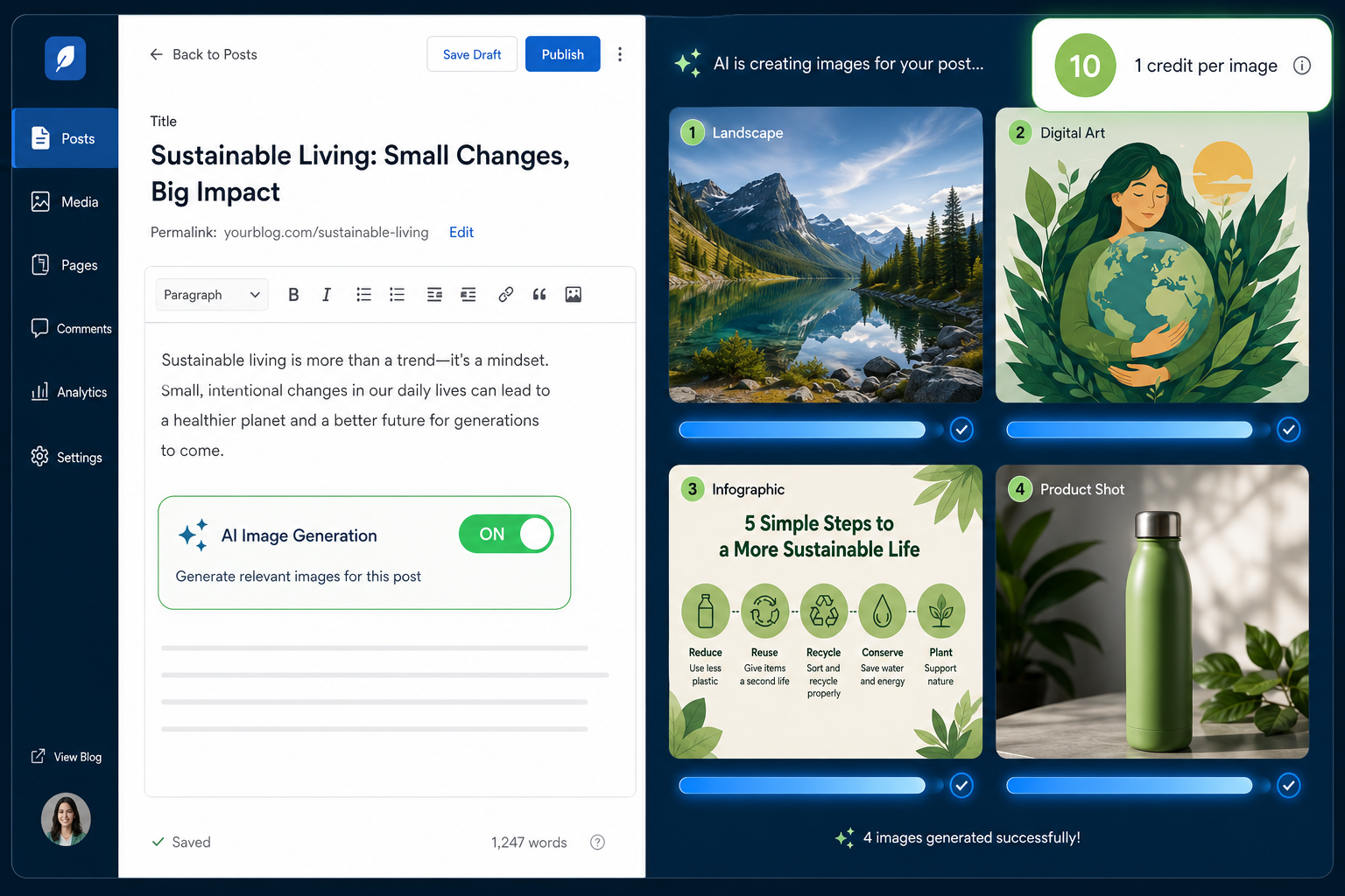 Image 1: Landscape format (1536x1024) editorial illustration showing a split-screen interface: left side displays a clean white blog article editor with a toggle switch labeled 'AI Image Generation ON', right side shows four distinct AI-generated images appearing in sequence (landscape photo, digital art, infographic, product shot) with a glowing blue progress bar beneath each. Floating credit counter shows '1 credit per image'. Color scheme: white, navy blue, soft green accents. Clean SaaS product UI aesthetic, professional and informative.