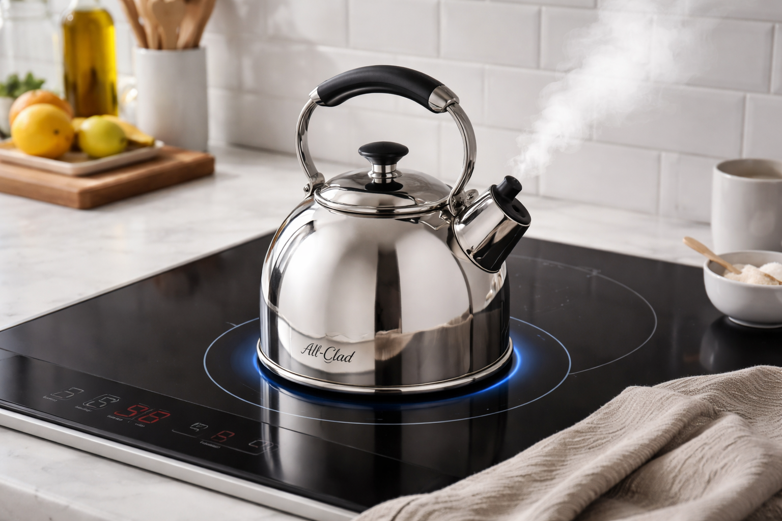 All-Clad tea kettle on induction cooktop