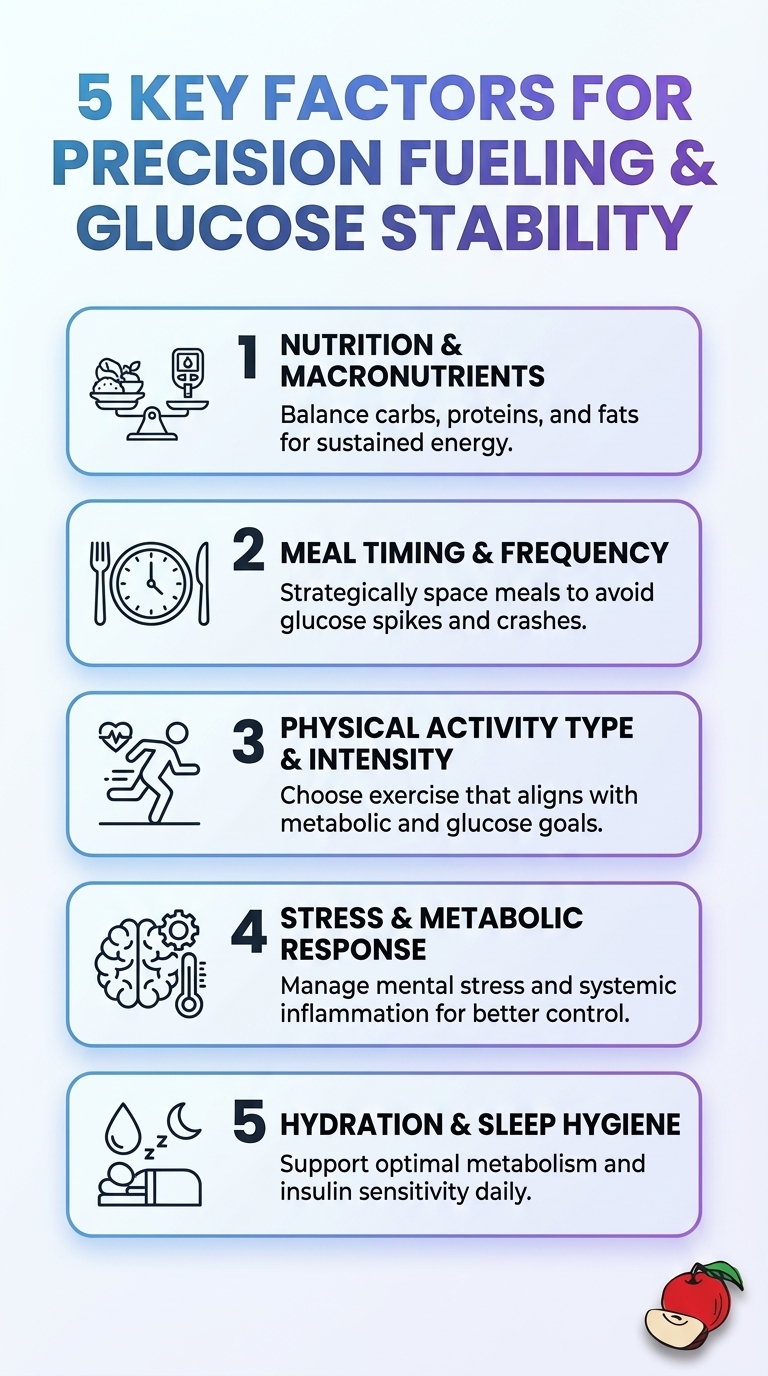 Infographie montrant 5 facteurs clés pour l'alimentation de précision et la stabilité du glucose.
