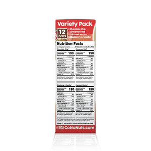 No Nuts! Variety Pack nutrition facts panel - 12g protein, 9g fiber, 190 calories