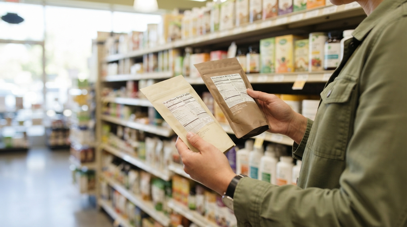 A shopper compares two plain mushroom drink pouches by reading their ingredient panels in a bright grocery aisle.