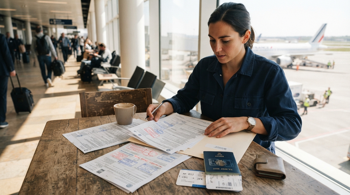 A traveler sorts tax forms stamped by two countries beside a passport and boarding pass on a sunlit airport table.
