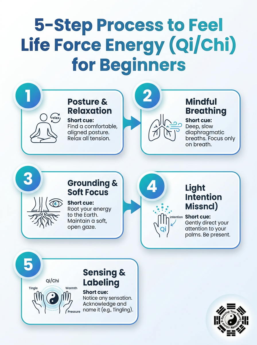 5-step process to feel life force energy (Qi/Chi) for beginners - a visual guide to Life Force Energy.