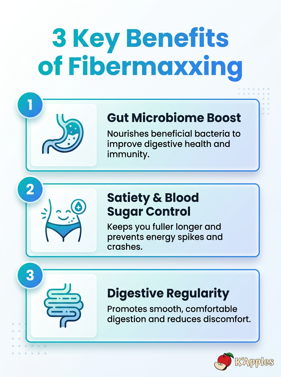 Infographie Fibermaxxing&nbsp;: 3 bienfaits clés des collations Fibermaxxing pour la santé intestinale.