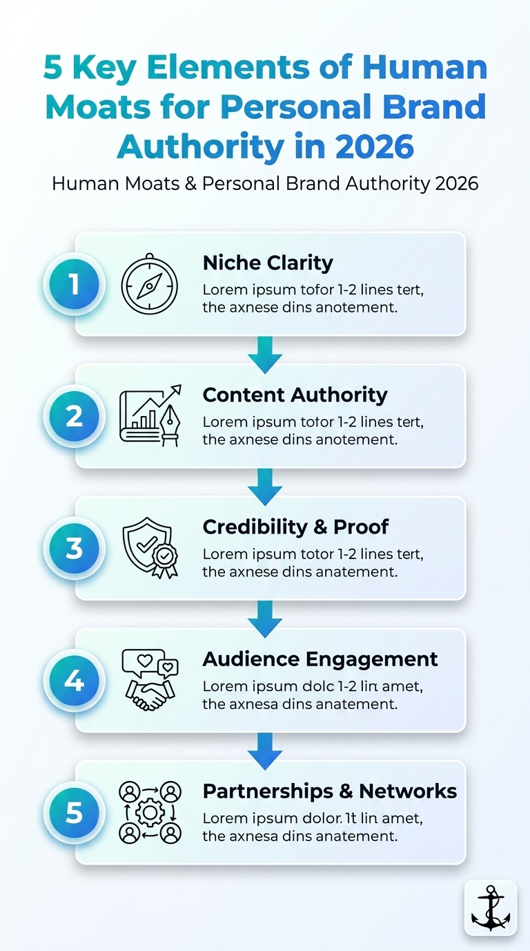 Infographic: 5 elements of Human Moats for Personal Brand Authority 2026; keywords: Human Moats & Personal Brand Authority 2026.