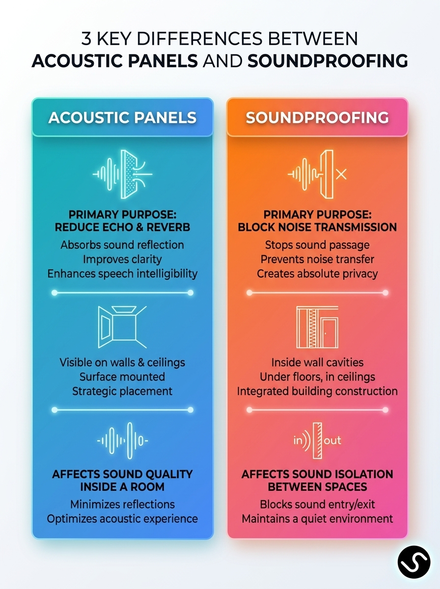 Infographic comparing acoustic panels vs soundproofing, visualizing 3 key differences.