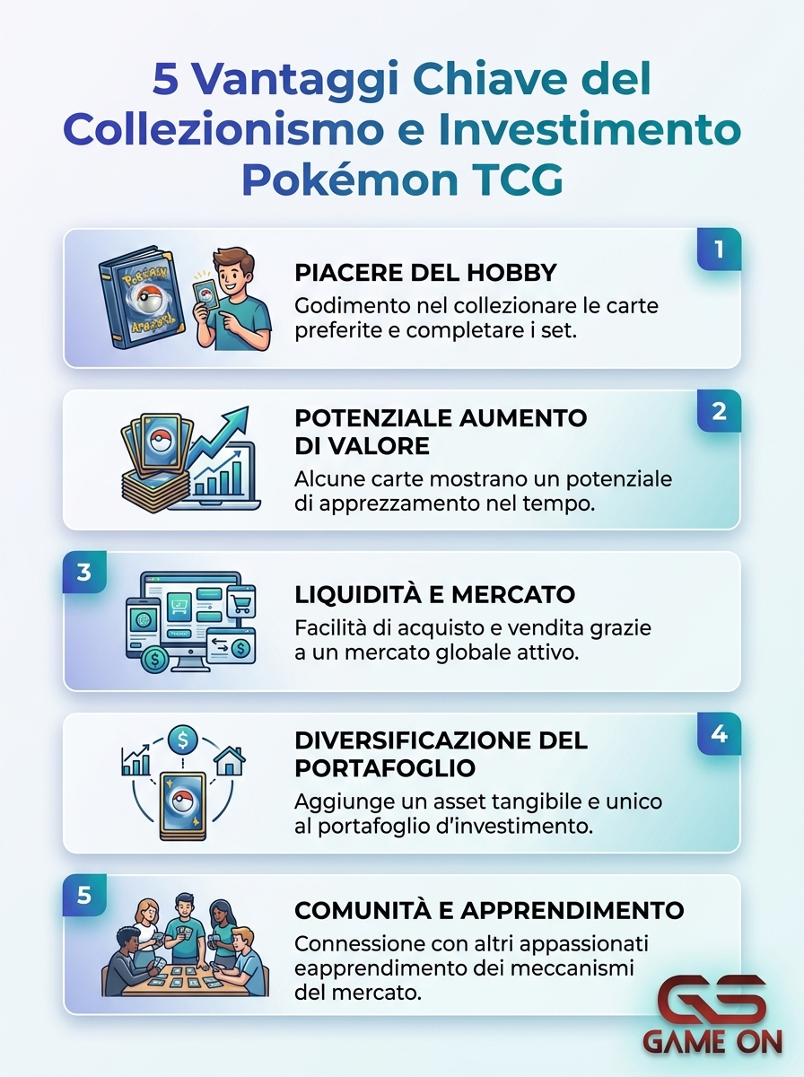 Infographic on the 5 key benefits of Pokémon TCG collecting and investment
