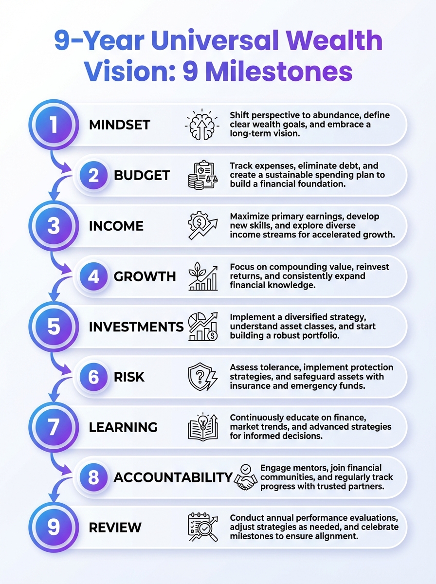 Infographic visualizing the 'Universal 1' 9-Year Wealth Vision with 9 milestones toward wealth.