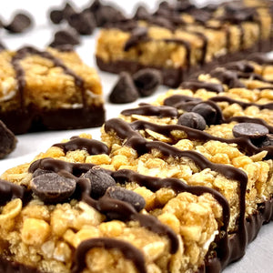 No Nuts! Chocolate Chip snack bar close-up - soft chewy texture, dairy-free