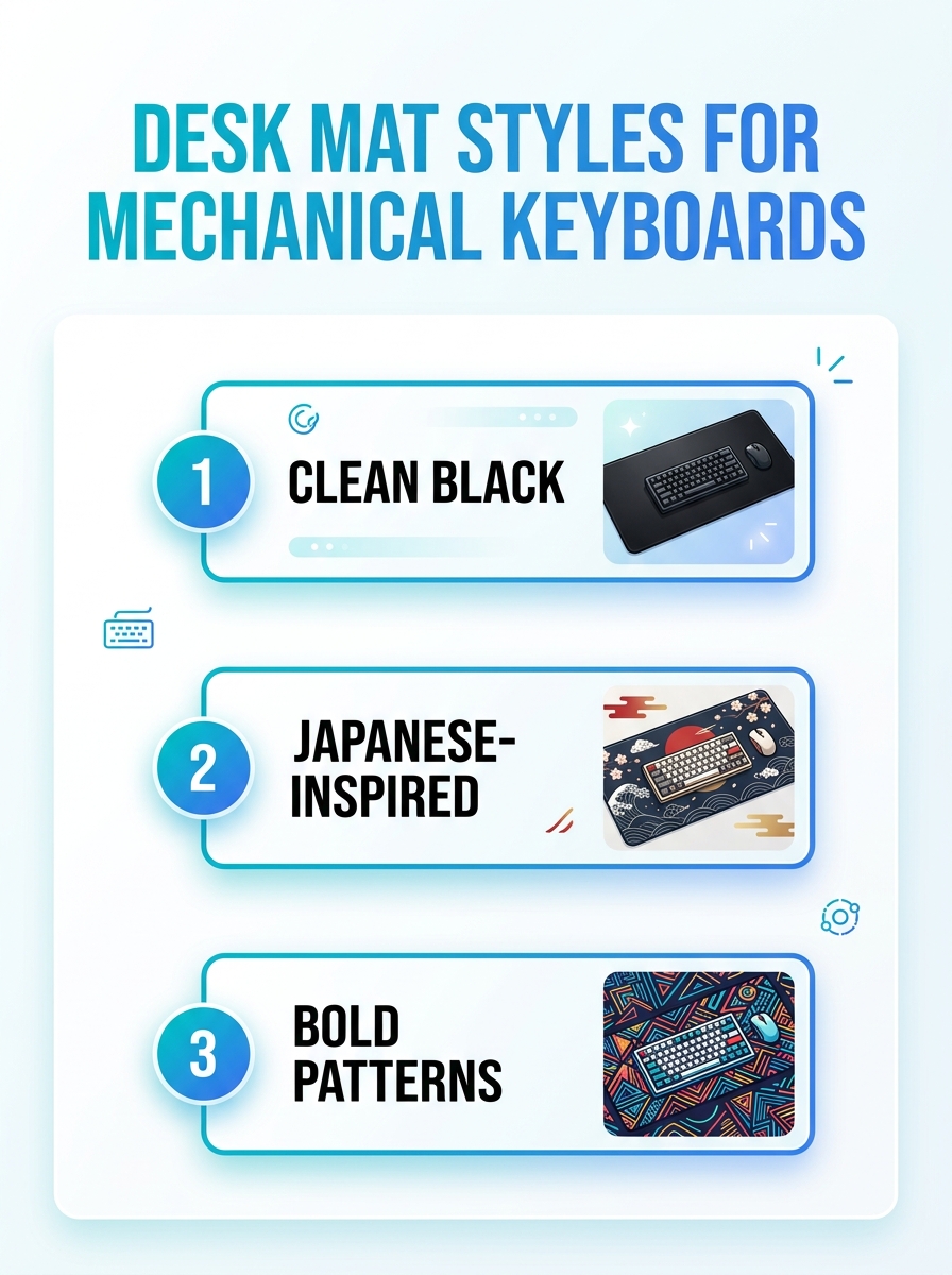 Infographic comparing desk mat styles for mechanical keyboards, including materials, textures, and design options.