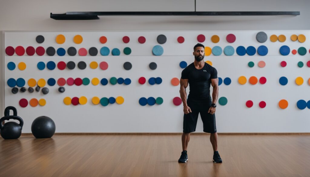 Kettlebells arranged in a gym beside a person
