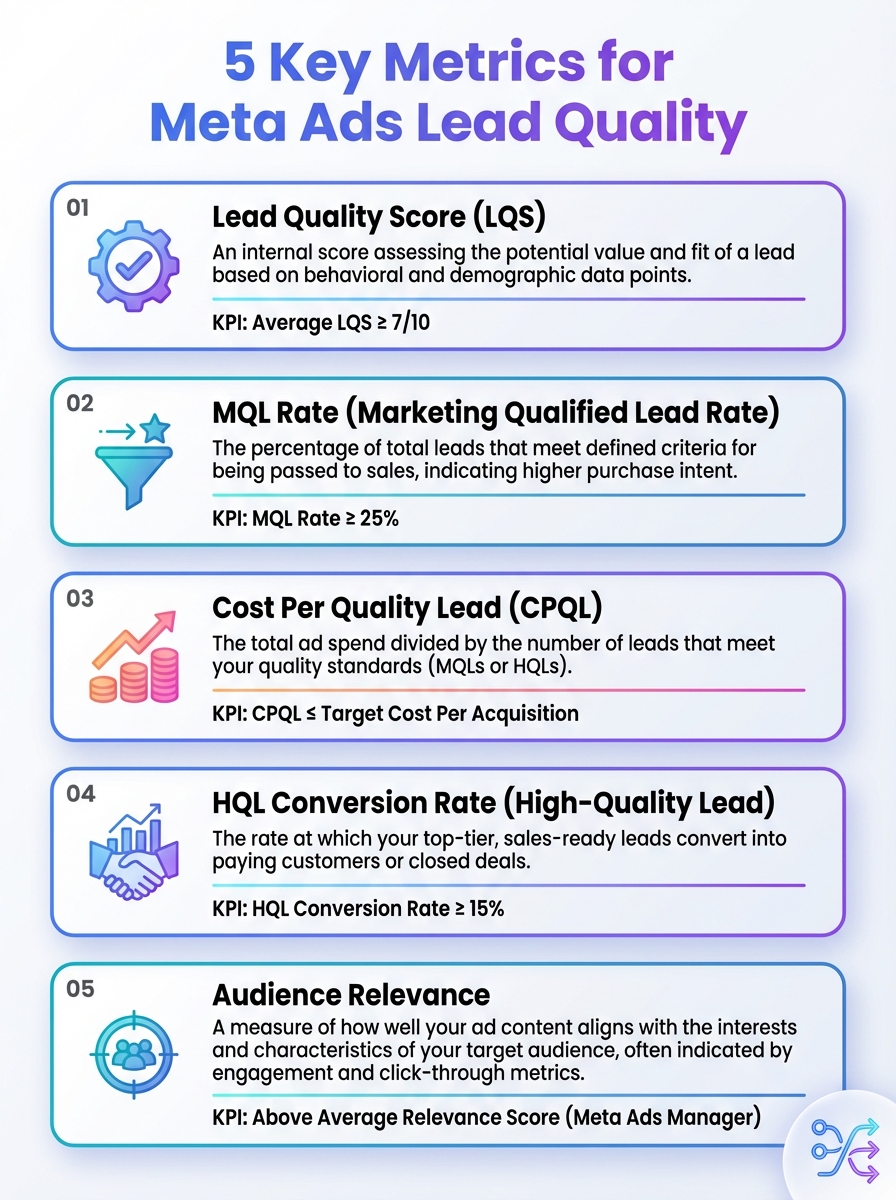 Infographic showing 5 Key Metrics for Meta Ads Lead Quality, visualizing Meta Ads KPI insights.