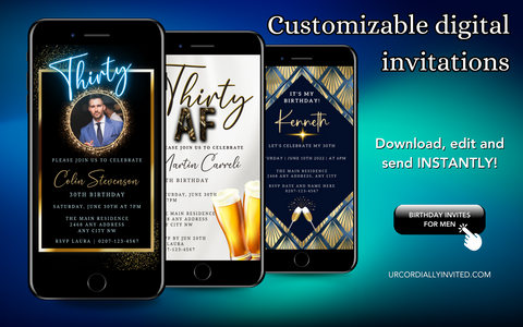 Row of phones displaying customizable birthday invitations for men