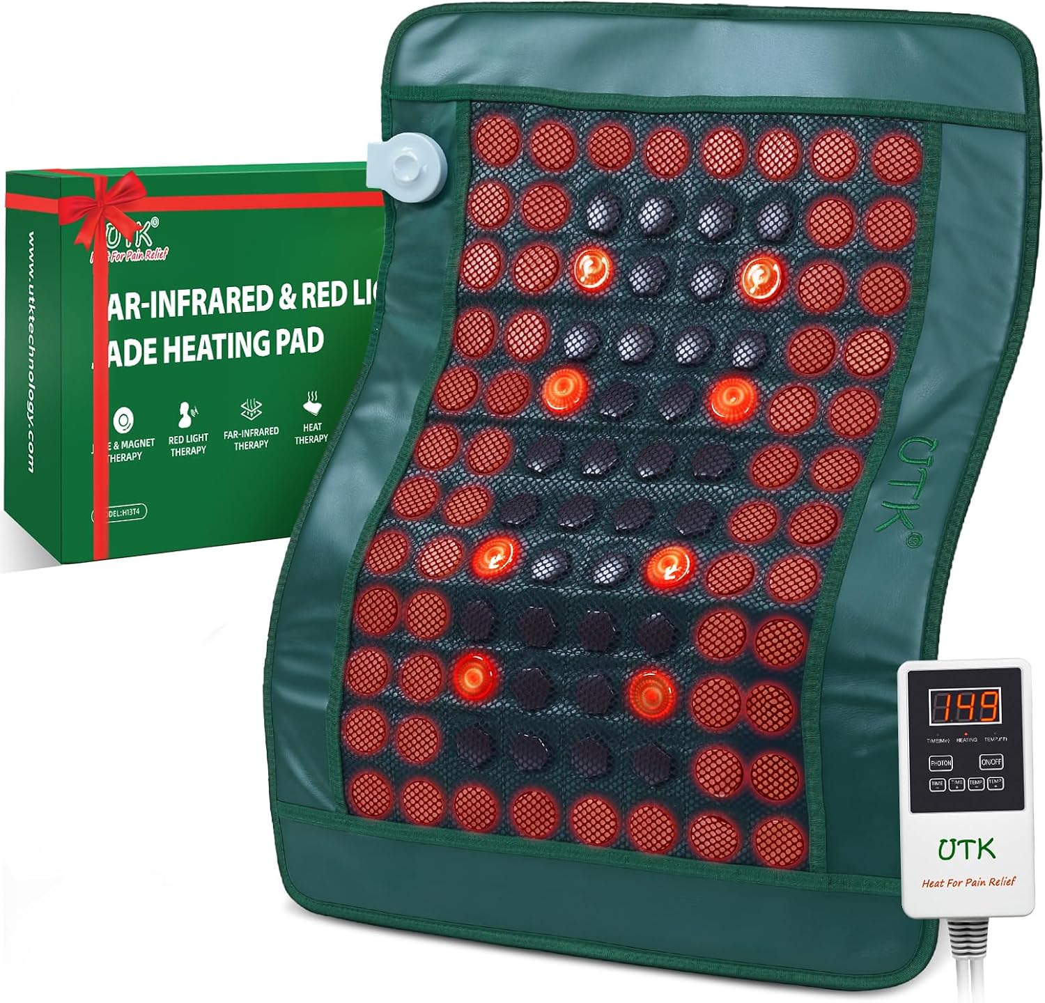 UTK Far Infrared Heating Pad for Back with Red Light Therapy, auto shut off, and jade and magnets stone details.