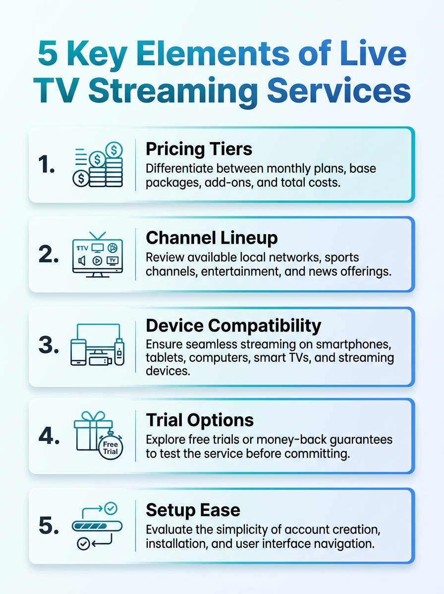 Infographic showing 5 key elements of live tv streaming services: pricing, catalog, device support, quality, and UX.