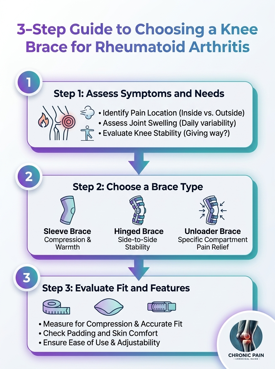 3-step guide to choosing the right knee brace for rheumatoid arthritis, highlighting fit, support, and comfort.