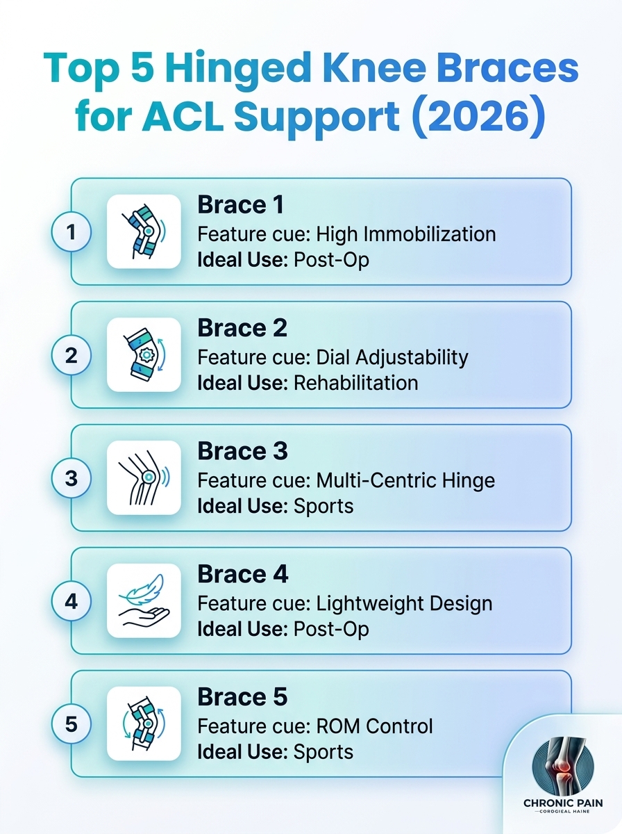 Top 5 Hinged Knee Braces for ACL Support (2026) infographic: comparison, features, and specs.