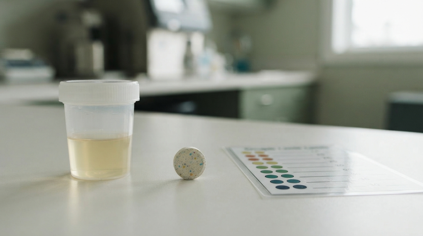A generic urine test cup and a colorful tablet rest apart on a clean clinic counter beside a simple chart explaining
