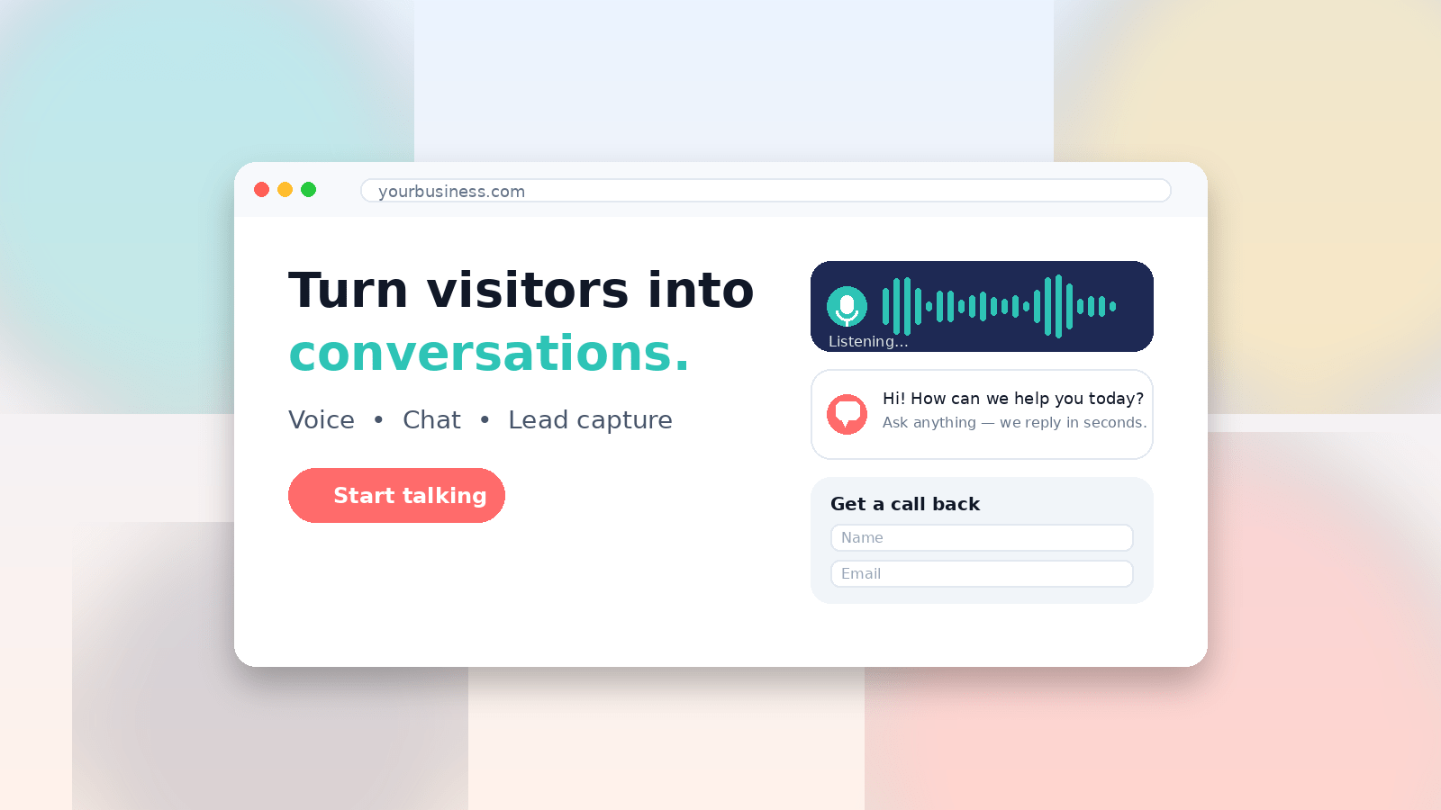 A modern website with voice chat, live chat, and a call-back form