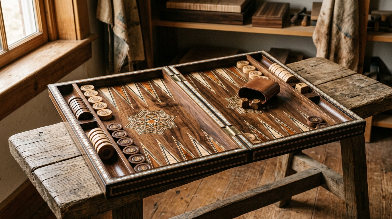 Marquetry detail on a wooden backgammon board