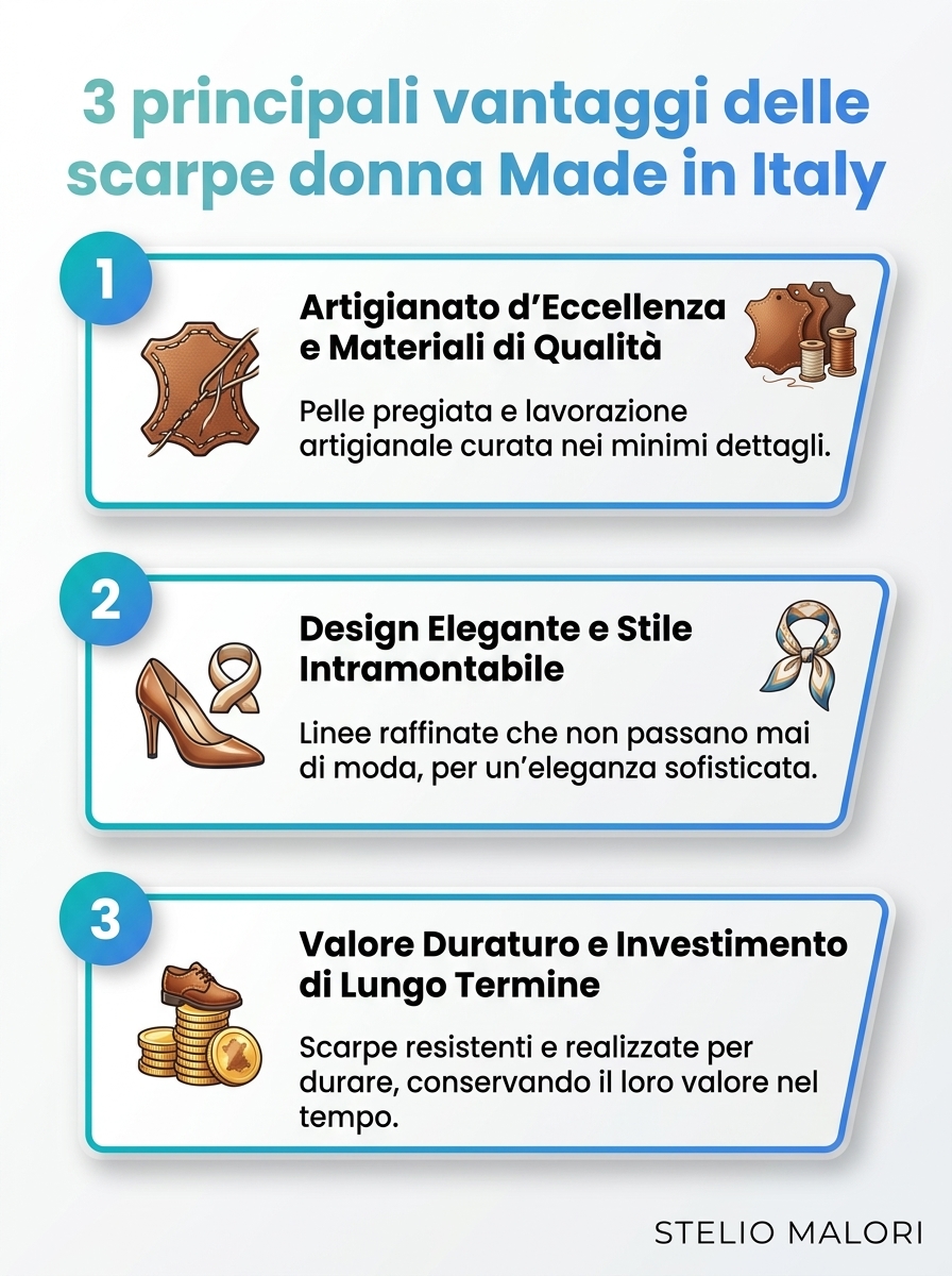 Infografica: 3 vantaggi delle scarpe donna Made in Italy, Perché scegliere scarpe donna Made in Italy.