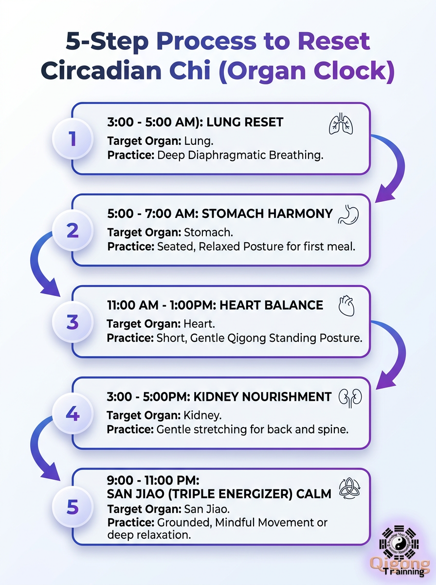 Infographic illustrating a 5-step process to reset Circadian Chi (Organ Clock) and balance the body's organ cycles.