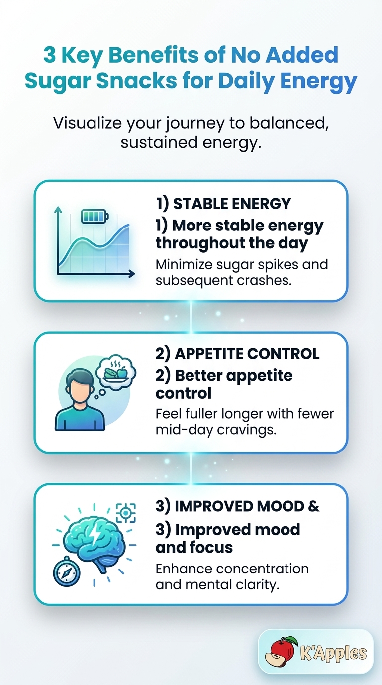 How No Added Sugar Snacks Improve Daily Energy: 3 key benefits visualized for daily energy, focus, and sustained vitality.