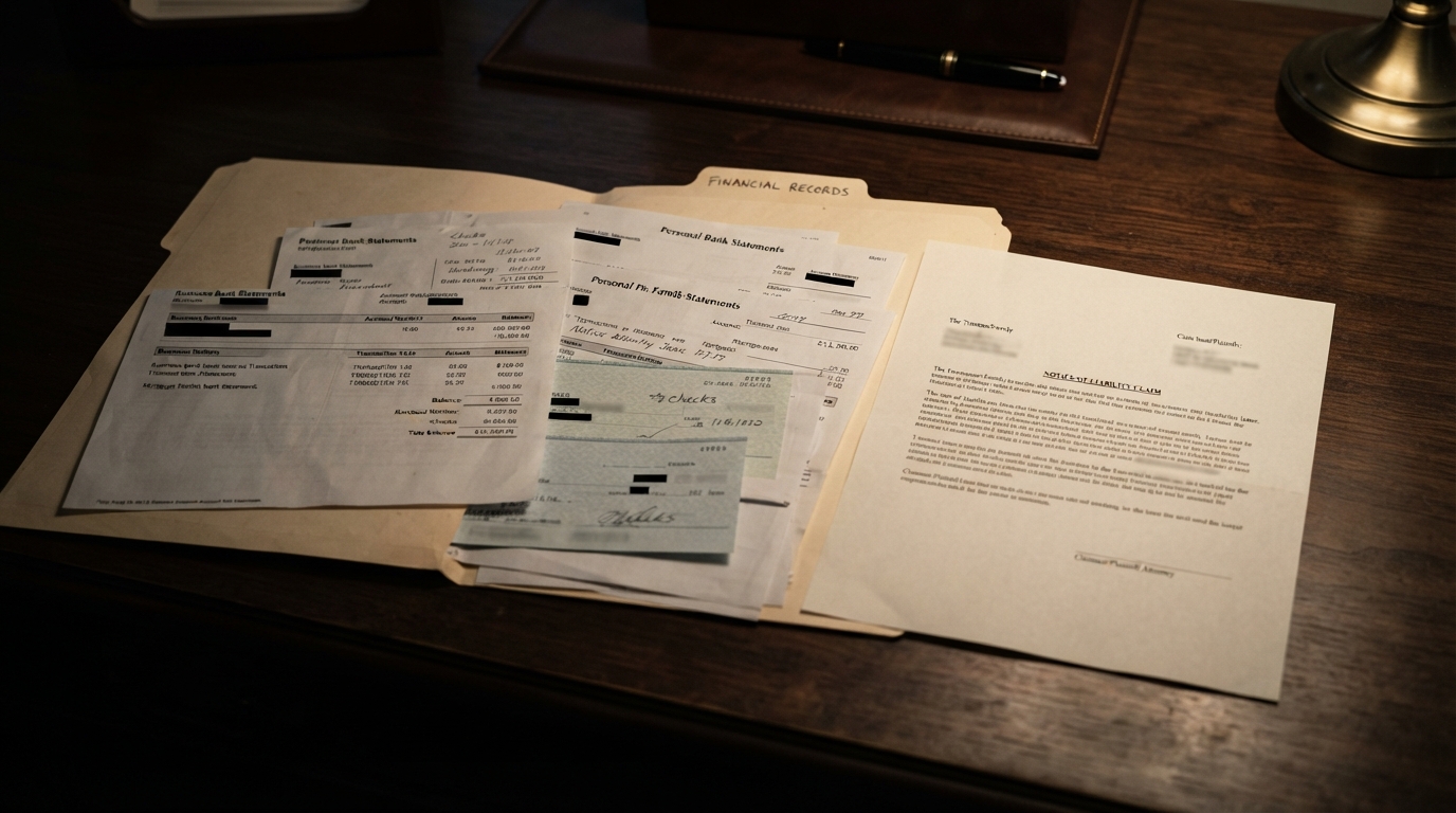 A close-up shows business and personal bank statements mixed in one open folder beside an unsigned liability claim letter on