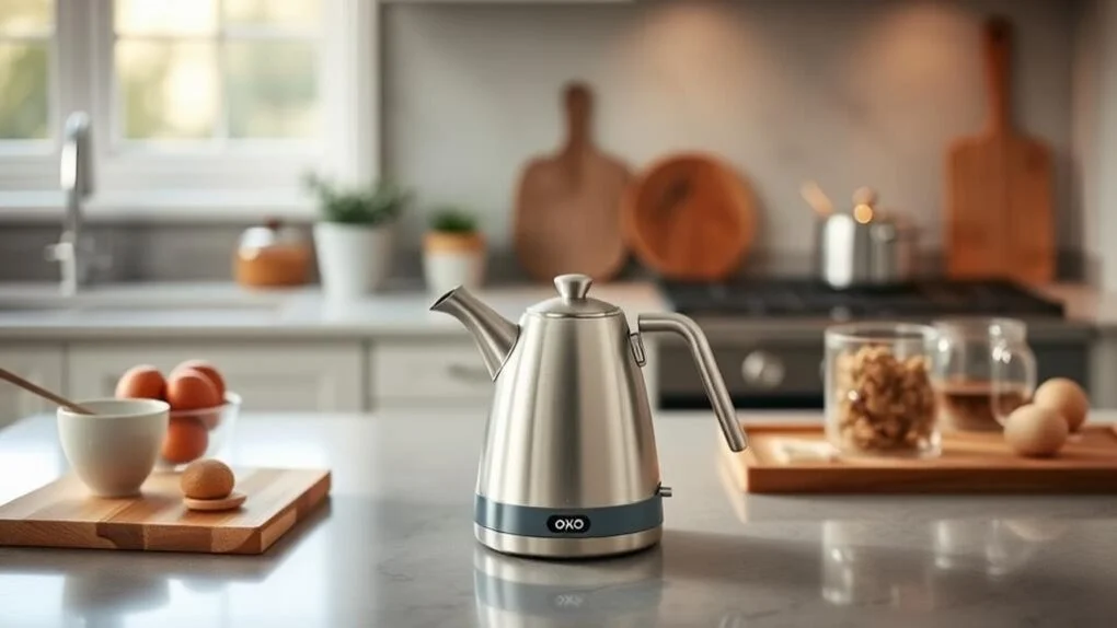 Stainless steel gooseneck kettle on a kitchen counter