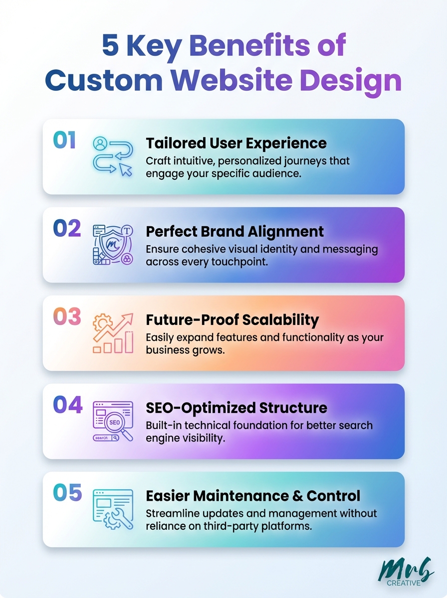 Infographic showing 5 key benefits of custom website design: better UX, scalability, branding, SEO, and performance.