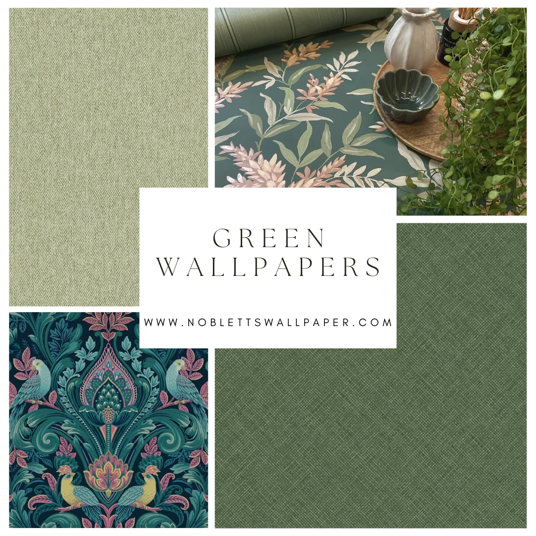 Collage of green wallpapers with plain and botanical floral patterns, plus a staged room corner with plants and ceramics; no people.