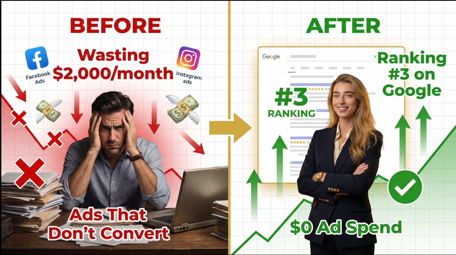 Before and after comparison: $2,000/mo ad spend versus ranking #3 on Google with $0 ad spend