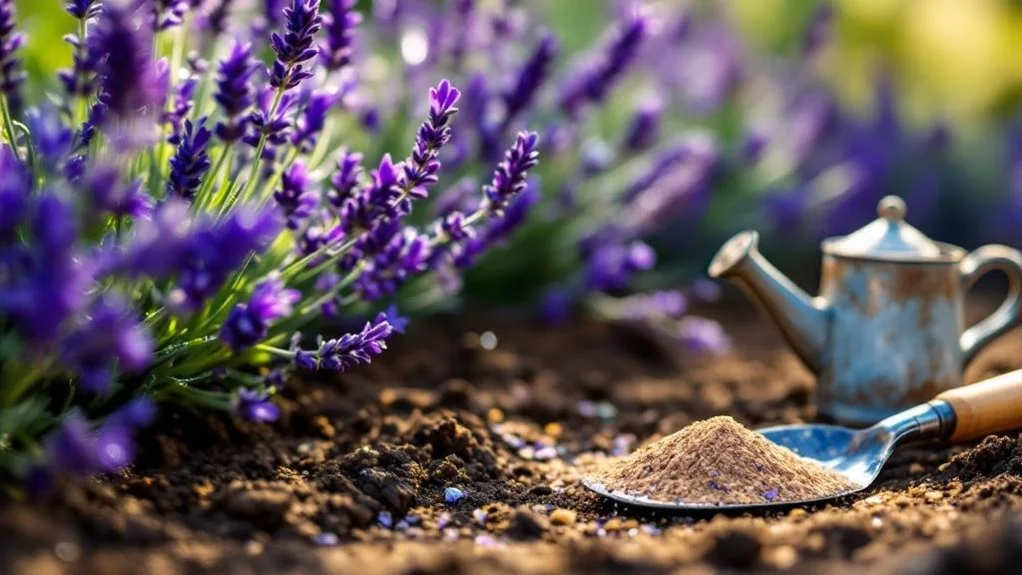Purple lavender grows in dark soil beside a blue watering can and a spoonful of soil amendment; no people.