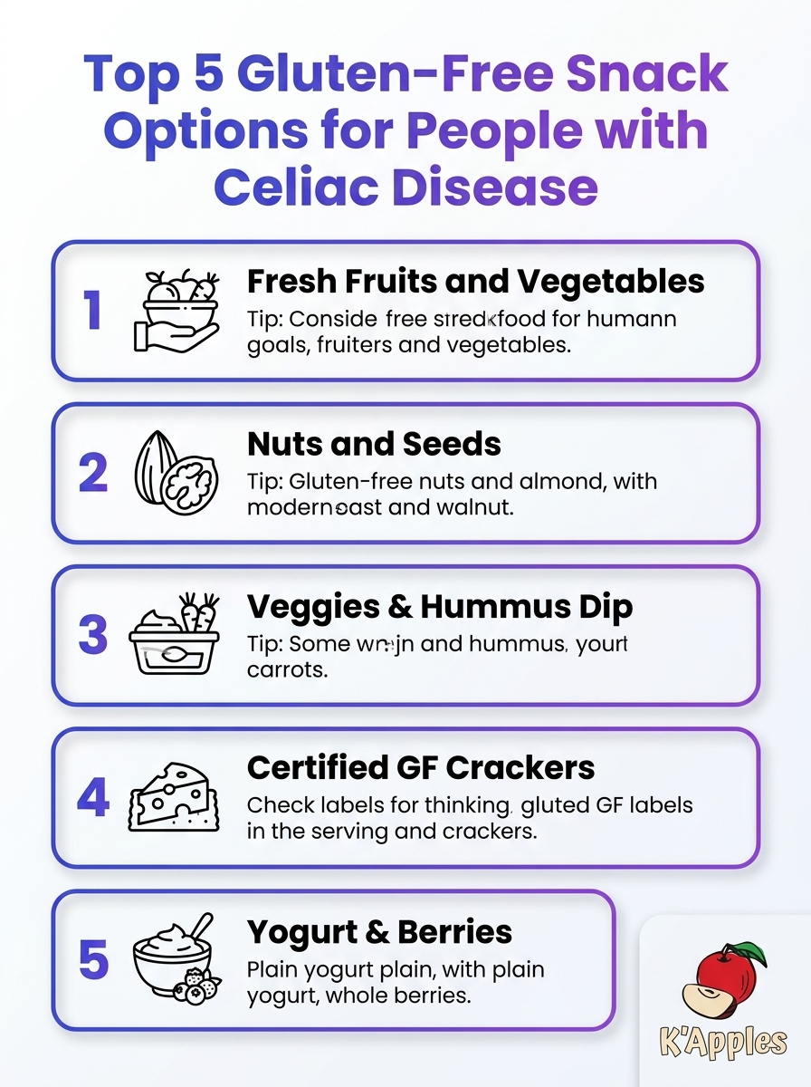 Infographie : Top 5 des options de snacks sans gluten pour les personnes atteintes de la maladie cœliaque, idées de snacks sûrs.