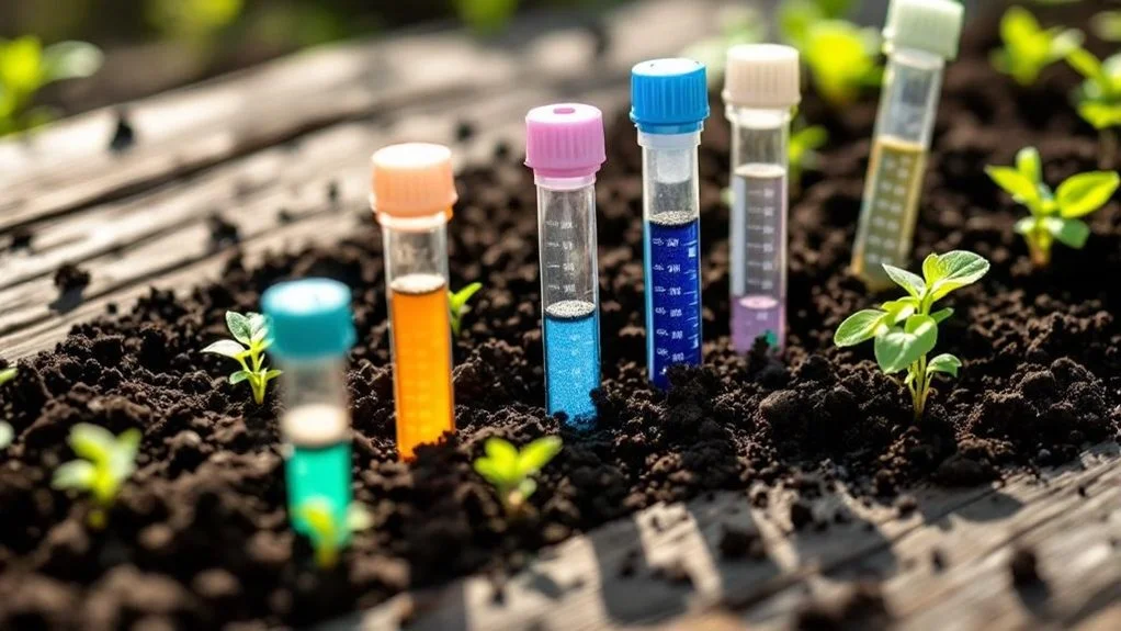 Colored test tubes stand in dark soil among small green seedlings in a garden bed; no people.