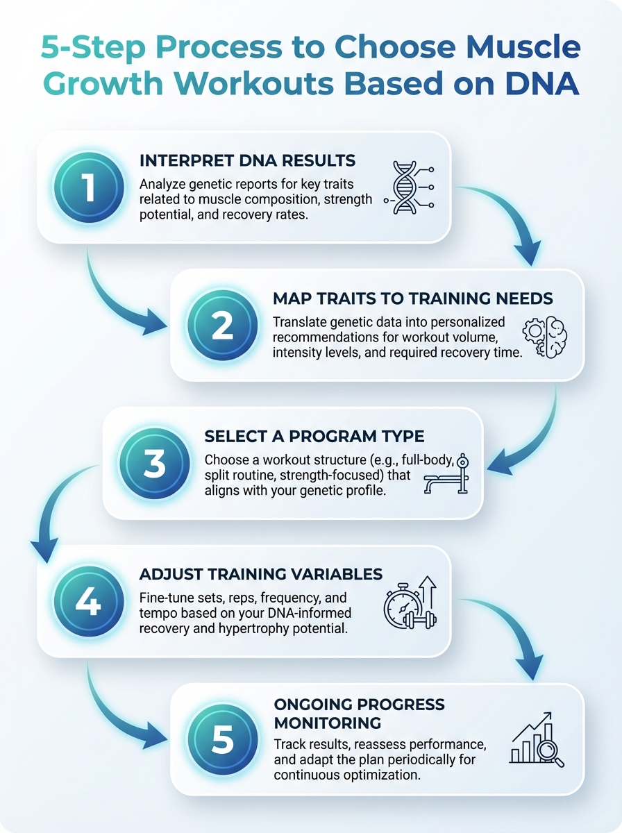 How to Choose Muscle Growth Workouts Based on DNA: a 5-step process visualized for personalized training.
