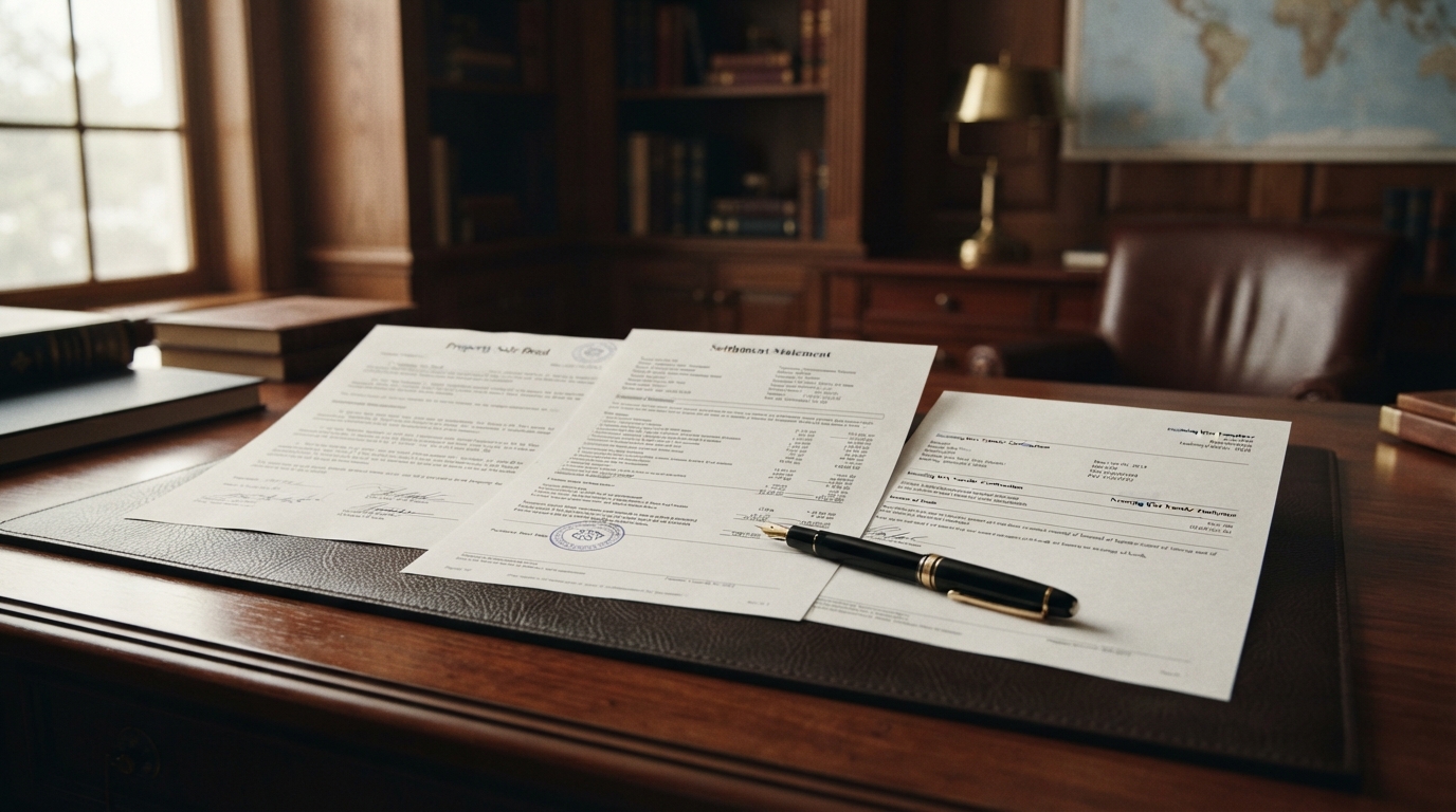 A close-up shows a property sale deed, settlement statement, and incoming wire confirmation arranged in a precise paper