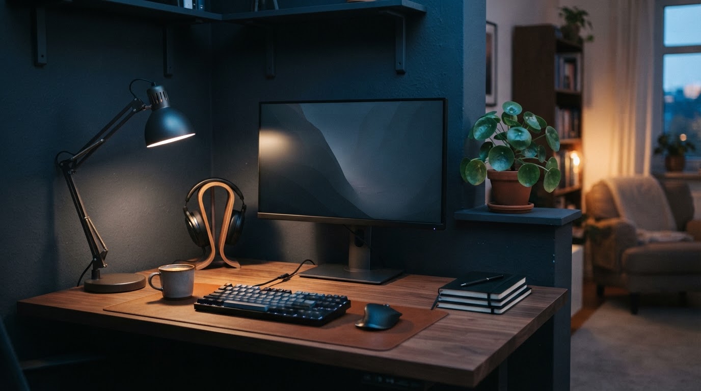 A small evening workspace pairs a monitor, task lamp, headphones, and a plant in a tidy apartment corner lit by cool blue
