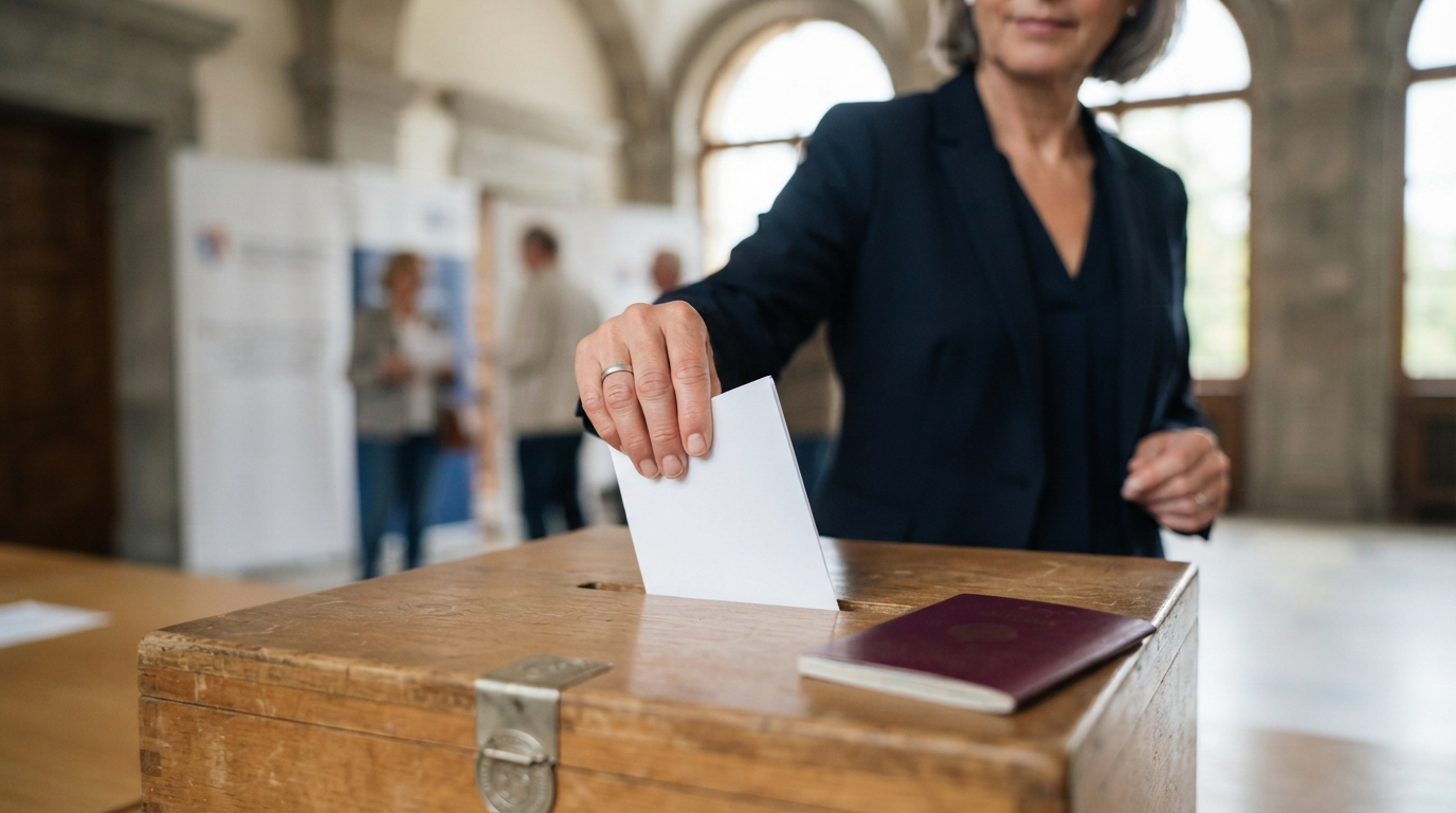 A close view shows a hand placing a ballot into a voting box beside a generic passport in a quiet civic hall.