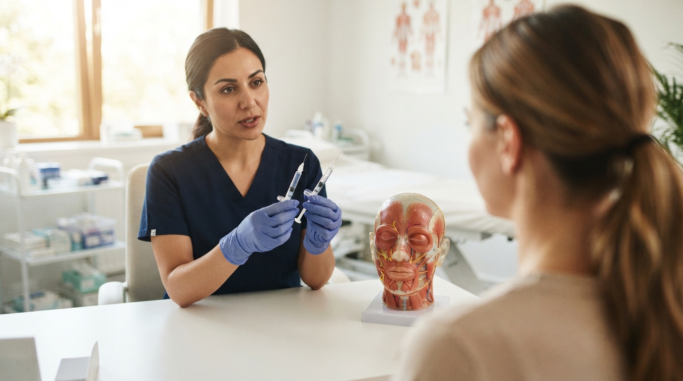 A clinician compares two unbranded hyaluronic acid filler syringes beside a facial anatomy model during a bright