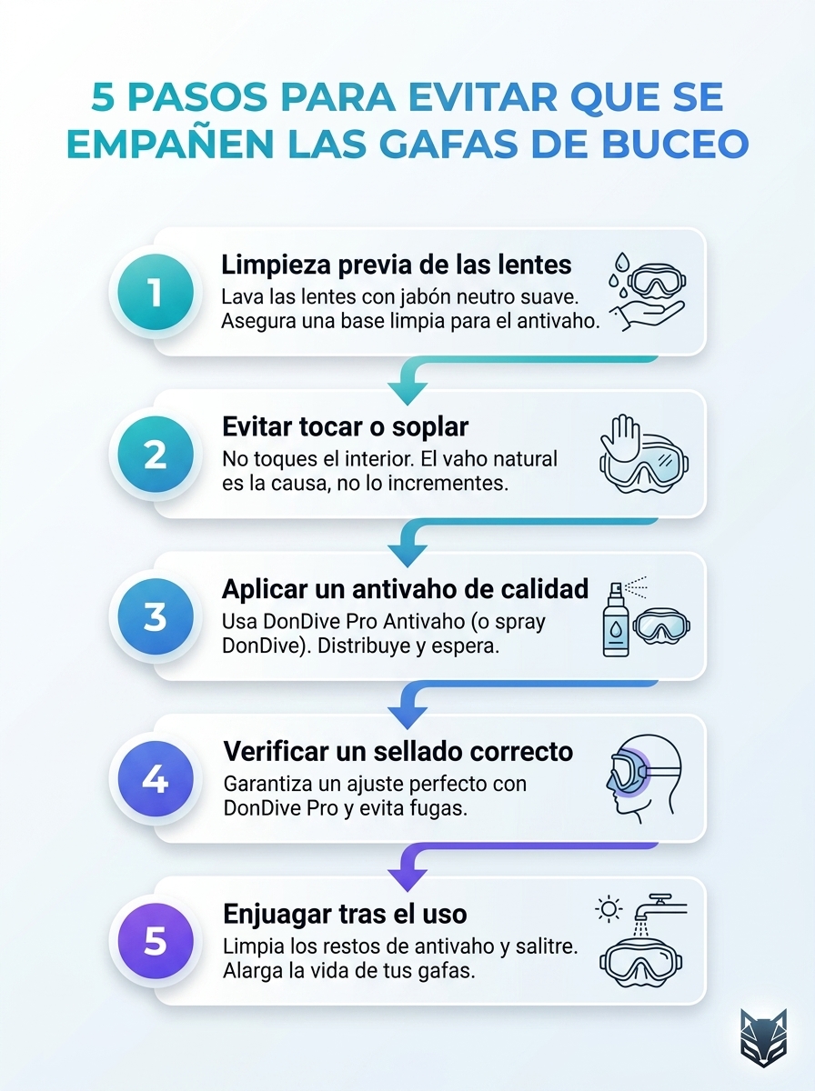 Infografía: por qué se empañan las gafas de buceo y cómo evitarlas, 5 pasos para mantener la visibilidad.