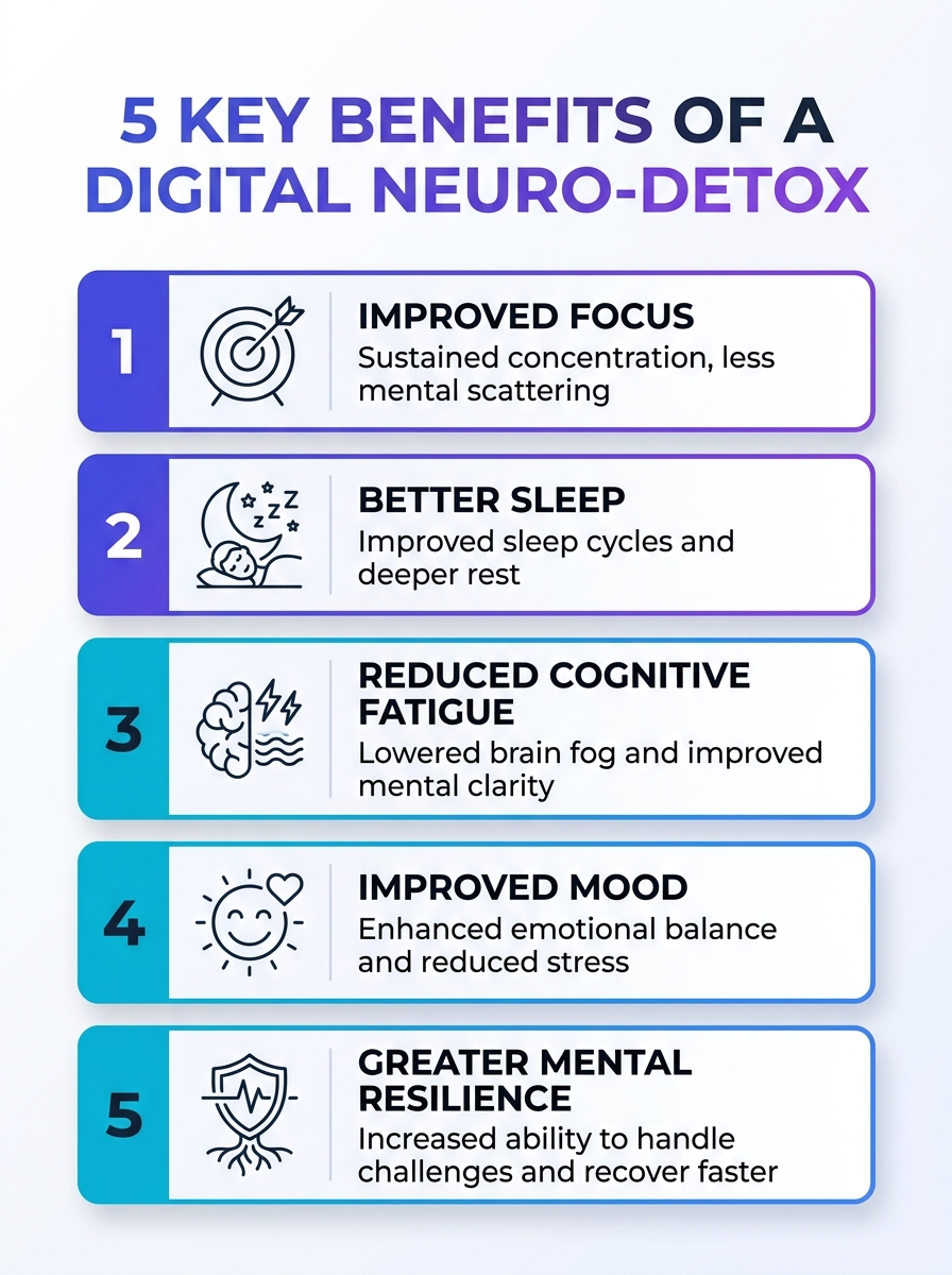 Infographic: 5 key benefits of a digital neuro-detox - focus, mood, energy, clarity, and digital wellbeing.