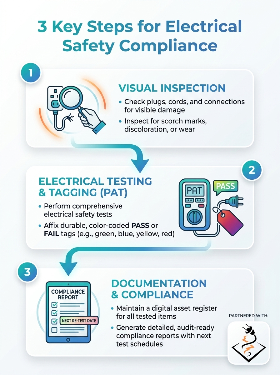 Infographic covering 3 key steps for electrical safety compliance in Electrical Safety Compliance Fundamentals.