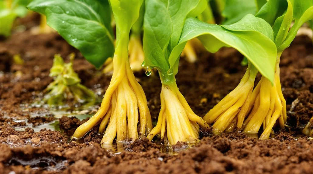 Leafy seedlings growing in dark, wet soil