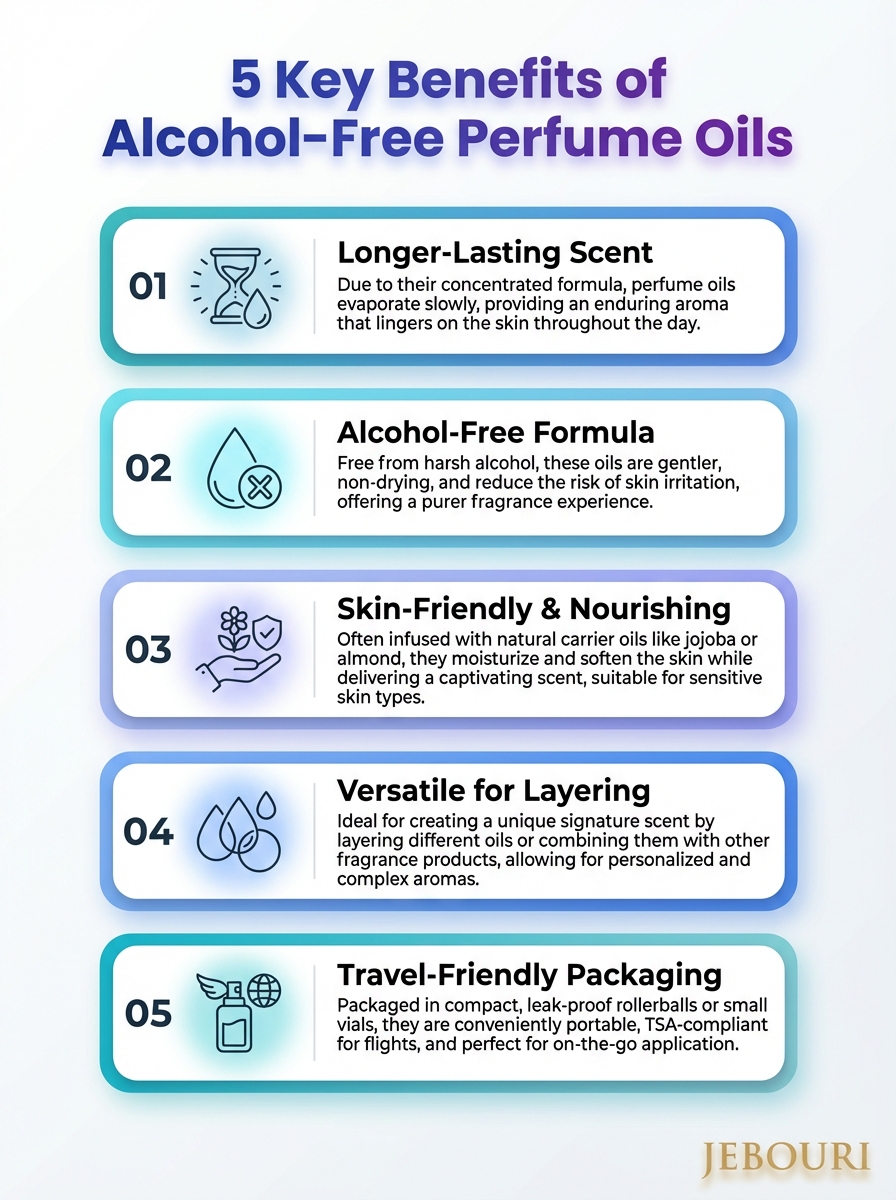 Infographic: 5 key benefits of alcohol-free perfume oils - long-lasting perfume oil with no alcohol.