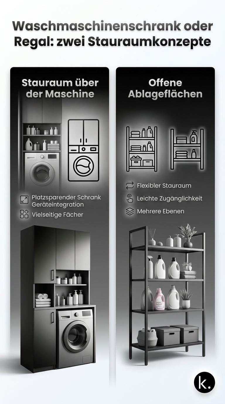 Illustration: Waschmaschinenschrank vs. Regal: Welches System wirklich Platz schafft?