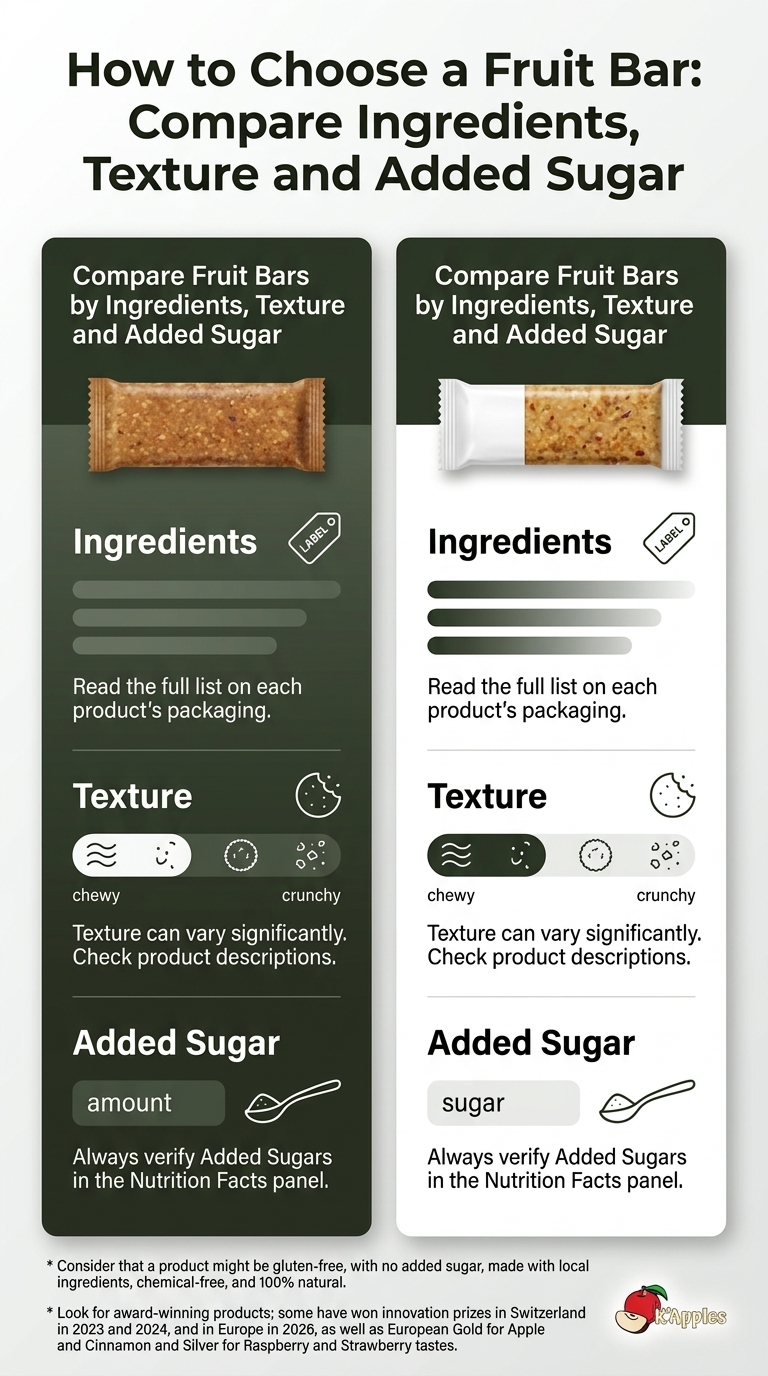 Infographie comparant les barres aux fruits selon leurs ingrédients, leur texture et leur teneur en sucres ajoutés pour vous aider à choisir une barre aux fruits.